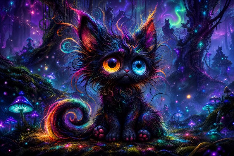 Fluffy black fantasy kitten with mismatched glowing eyes sits in an enchanted bioluminescent mushroom forest