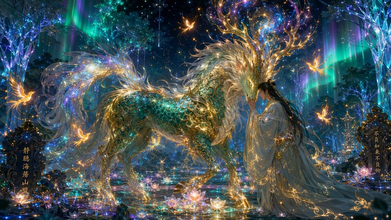 Glowing scaled mythical qilin touches foreheads with a robed East Asian figure in a bioluminescent aurora-lit enchanted