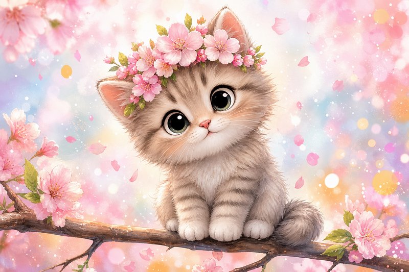 [Adorable fluffy tabby kitten wearing a cherry blossom flower crown sits on a blooming branch against a soft pastel bokeh ...