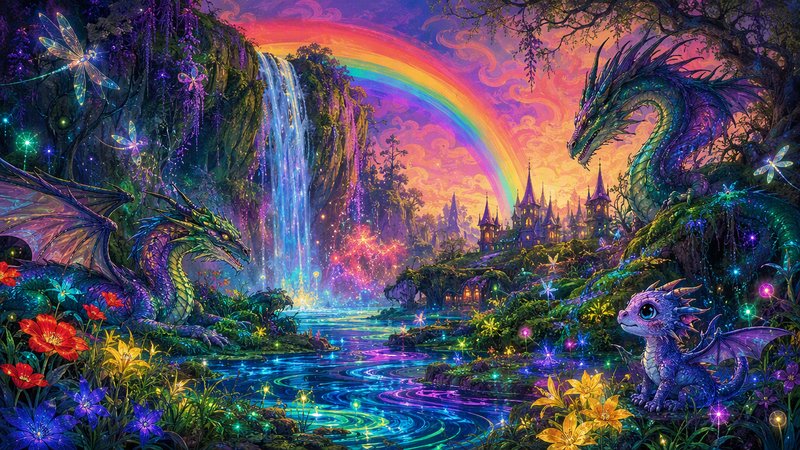 Vibrant fantasy landscape with iridescent dragons, sparkling waterfall, arching rainbow, fairy castle, and glowing