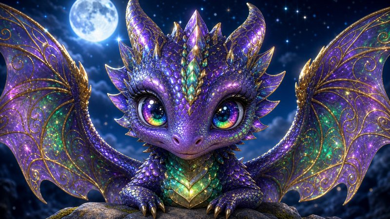 Adorable glittering purple baby fantasy dragon perched on a rock beneath a bright full moon starry night sky
