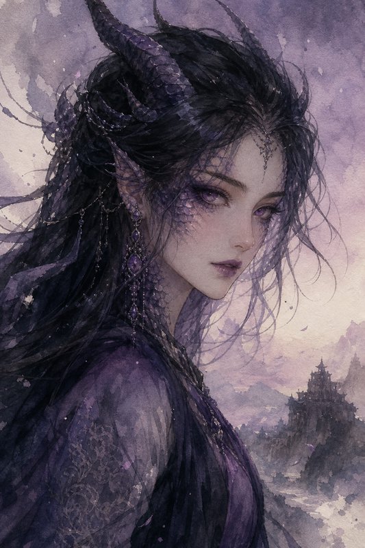 [Watercolor fantasy portrait of a horned elven dragon queen with purple scale markings, dark hair, misty purple castle bac...