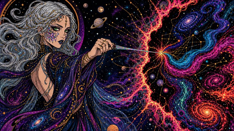 Fantasy illustration of a celestial sorceress with silver hair weaving glowing nebulas and cosmic threads using a magic