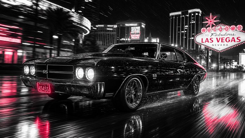 Black classic Chevelle SS muscle car driving on wet rain-soaked Las Vegas Strip at night near the iconic welcome sign