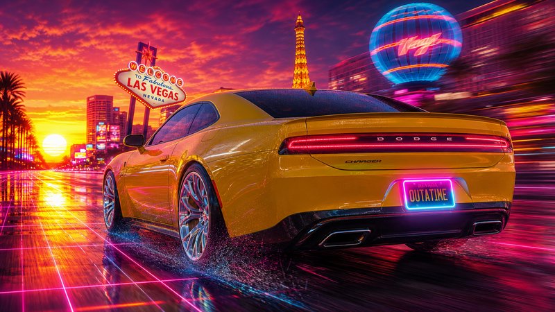 [Rear view of yellow Dodge Charger speeding down neon-lit Las Vegas Strip at vivid fiery sunset]