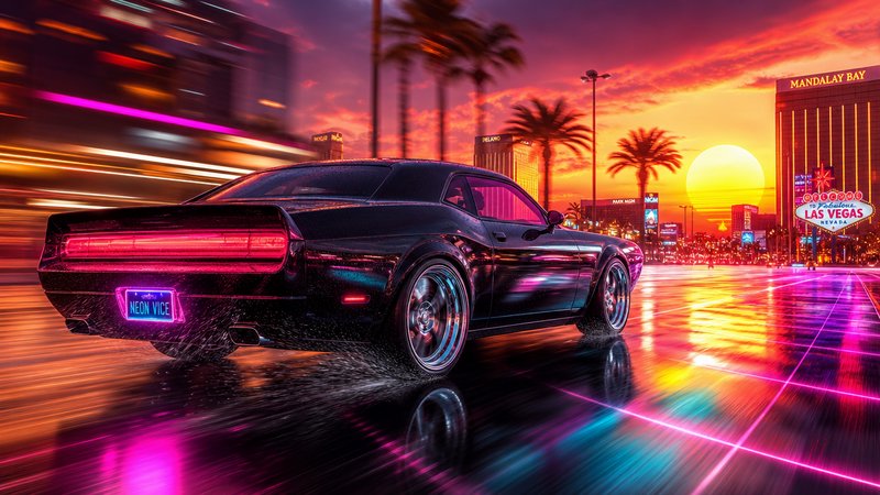 Glossy black classic muscle car driving wet neon-lit Las Vegas Strip in a retro synthwave aesthetic at vibrant sunset
