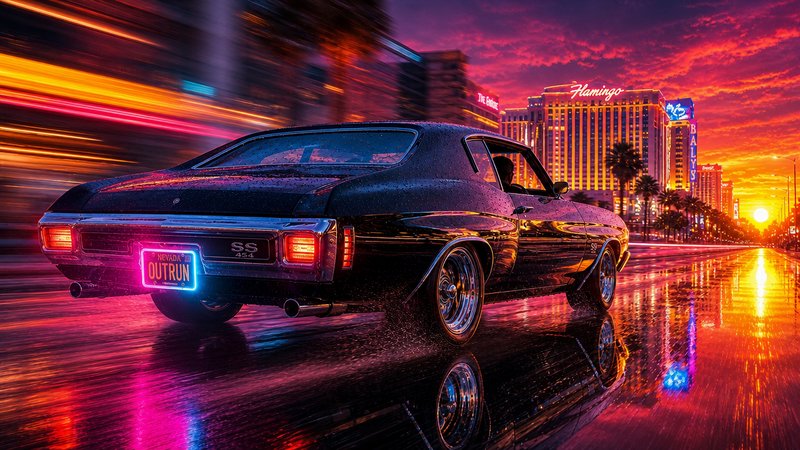 [Vintage black Chevelle SS cruises down wet neon-lit Las Vegas Strip at vibrant sunset, with motion light trails and outru...