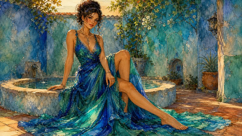 Elegant woman in flowing blue-teal gown sits on a stone fountain in a sunlit Mediterranean courtyard, rendered in