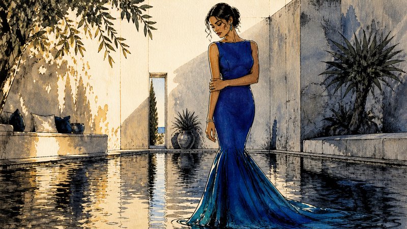 Elegant woman in cobalt blue mermaid gown stands in sunlit courtyard reflecting pool, ink and watercolor illustration