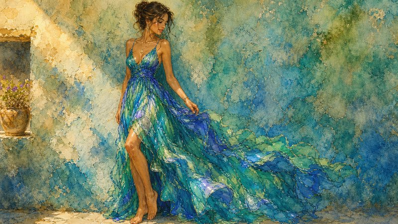 [Watercolor portrait of a graceful barefoot woman in a flowing iridescent teal gown leaning against a sunlit Mediterranean...