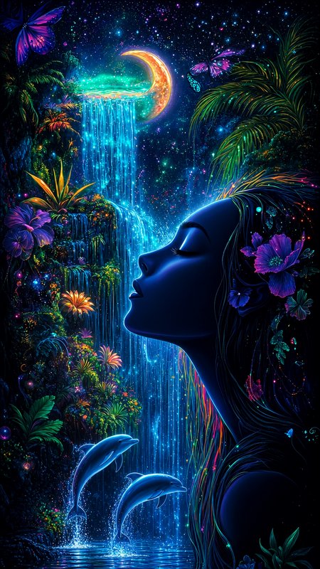 Surreal neon fantasy art of serene woman profile, glowing jungle waterfall, leaping dolphins, starry crescent moon