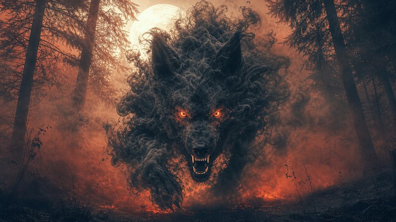 [Snarling spectral smoke wolf with glowing orange eyes leaps through a misty burning pine forest under a full moon]