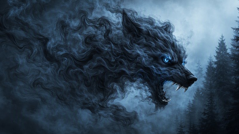 [Ethereal smoky shadow wolf spirit with glowing blue eyes snarls over a misty foggy pine forest, dark fantasy art]