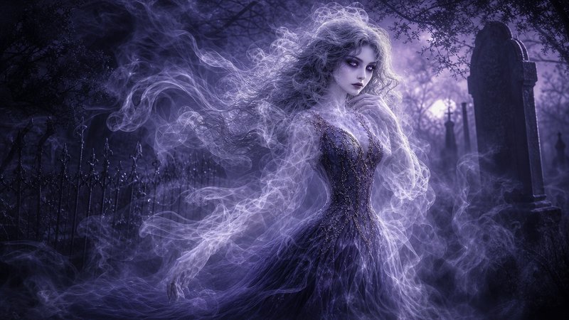 [Translucent ethereal ghost woman with wispy smoky form haunts a misty purple moonlit gothic cemetery at night]