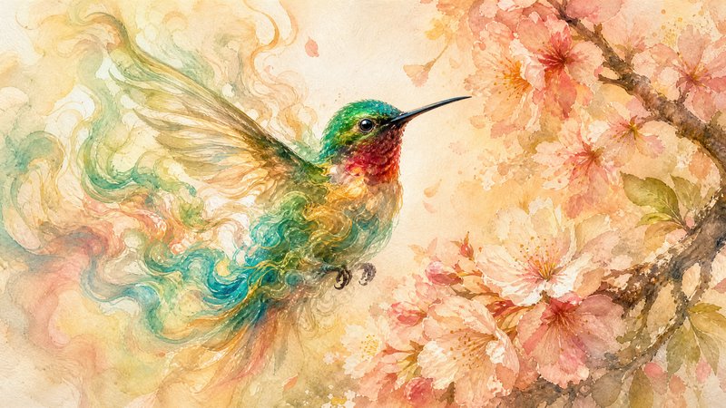 Dreamy watercolor illustration of an iridescent hummingbird hovering beside delicate pink cherry blossom branches with