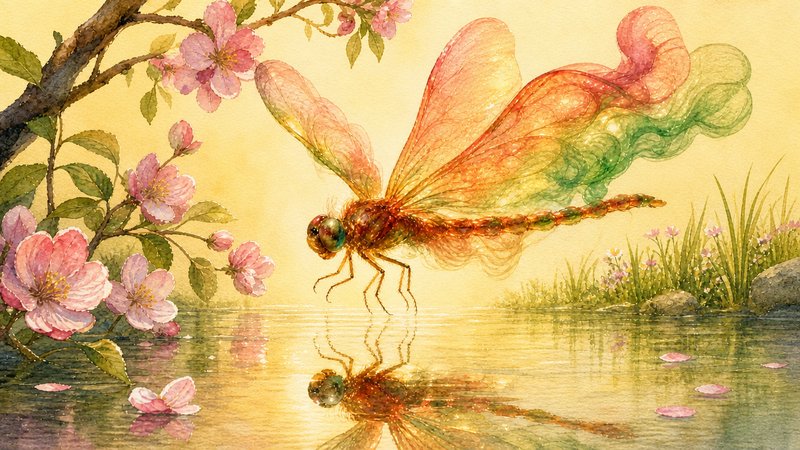 [Delicate watercolor of an ethereal iridescent dragonfly hovering over a sunlit calm pond beside pink spring blossom branc...