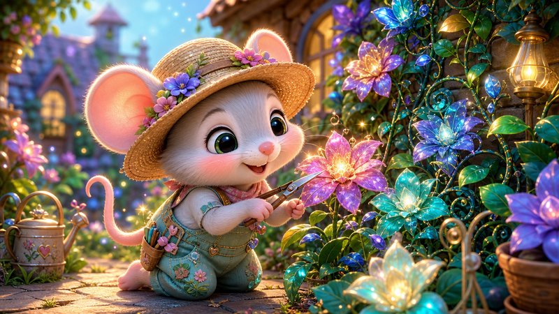 Adorable cartoon gardener mouse in a flowered straw hat prunes glowing magical flowers in a cozy ...