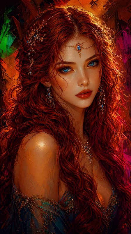 Painterly portrait of a regal fantasy woman with long curly red hair, bright blue eyes, and ornat...