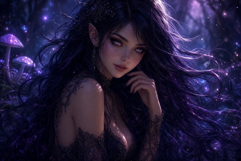 Close-up portrait of ethereal dark elf woman with long violet hair in a glowing enchanted mushroo...