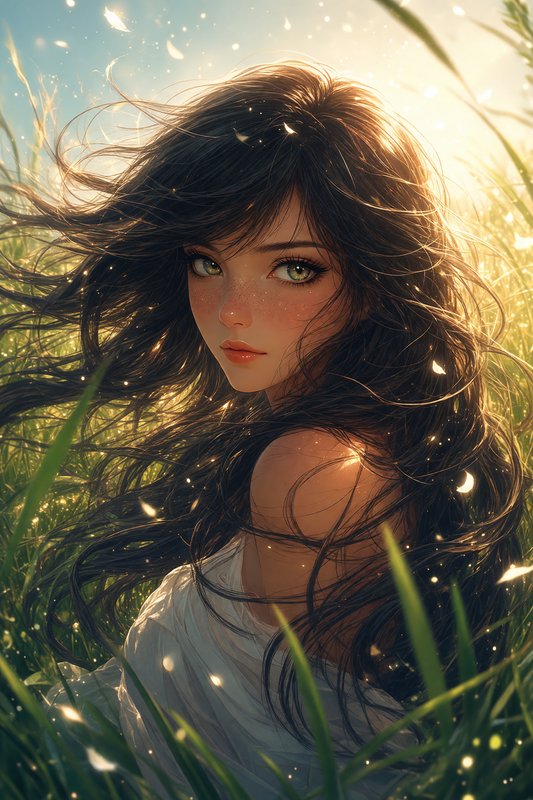 Ethereal anime young woman with wind-blown dark hair sits in sunlit tall grass, surrounded by warm golden glowing light.