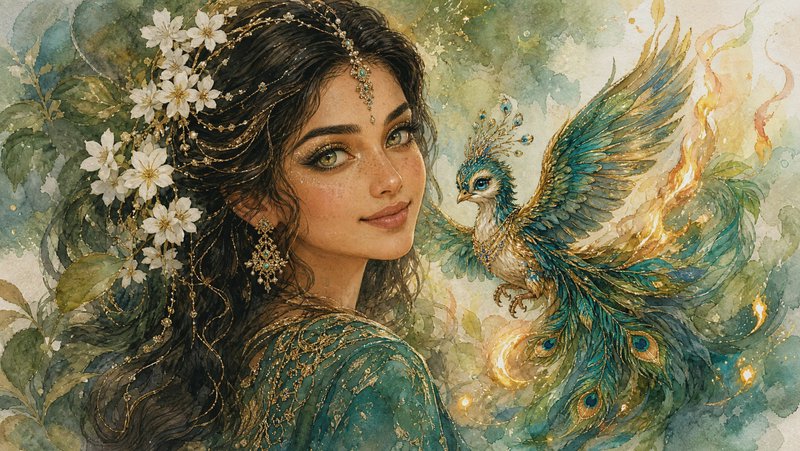 Watercolor fantasy portrait of a jeweled forest goddess beside a glowing iridescent peacock phoen...