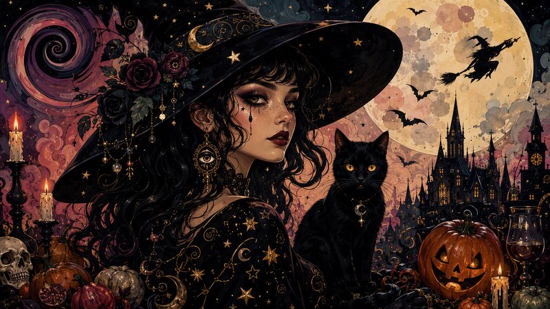 Ornate gothic Halloween witch with black cat, glowing full moon, spooky castle and jack-o'-lanter...