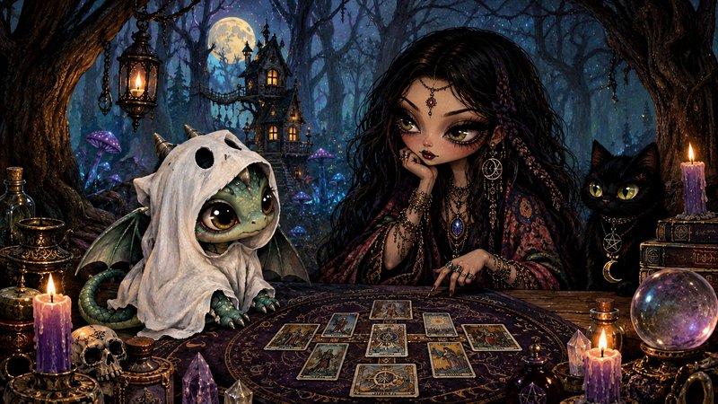 Mystical chibi fortune teller reads tarot for a cute ghost-costumed baby dragon, with a black cat...