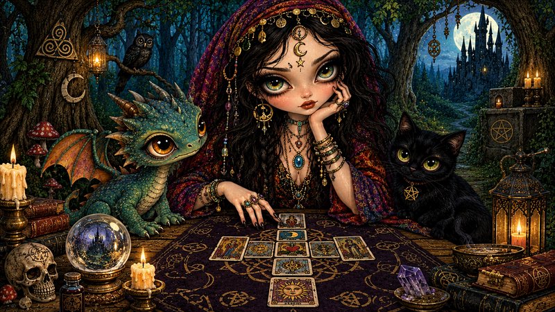 Whimsical big-eyed fortune teller reads tarot cards flanked by a baby dragon and black cat in a m...
