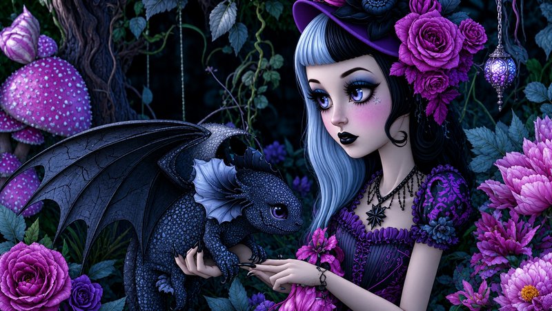 Stylized gothic anime girl holds a tiny scaled black baby dragon in an enchanted purple twilight ...