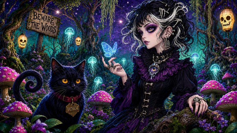 Gothic witch holds glowing blue butterfly beside her black cat familiar in an enchanted spooky ni...