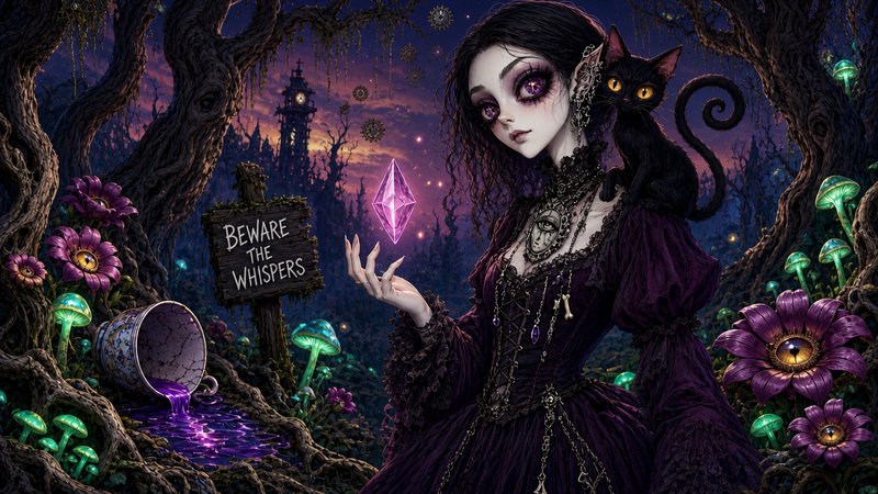 Gothic elf witch holds glowing pink crystal, black cat on her shoulder, in an eerie twilight fant...