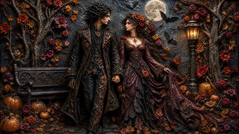 Textured sculptural relief of a gothic Victorian couple holding hands in a moonlit autumn Hallowe...