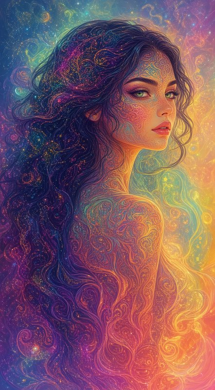 Surreal fantasy portrait of a woman with swirling cosmic filigree, merging with a glowing rainbow nebula background.