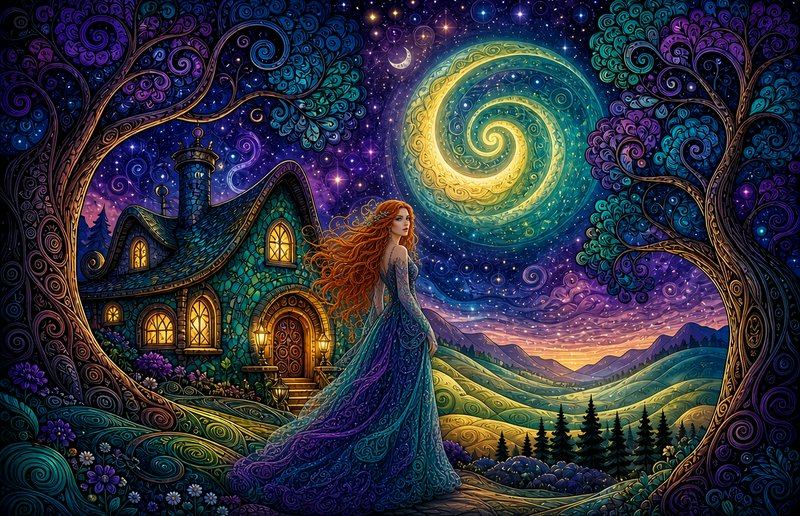 Ornate art nouveau fantasy scene: red-haired magical woman outside enchanted cottage under swirli...