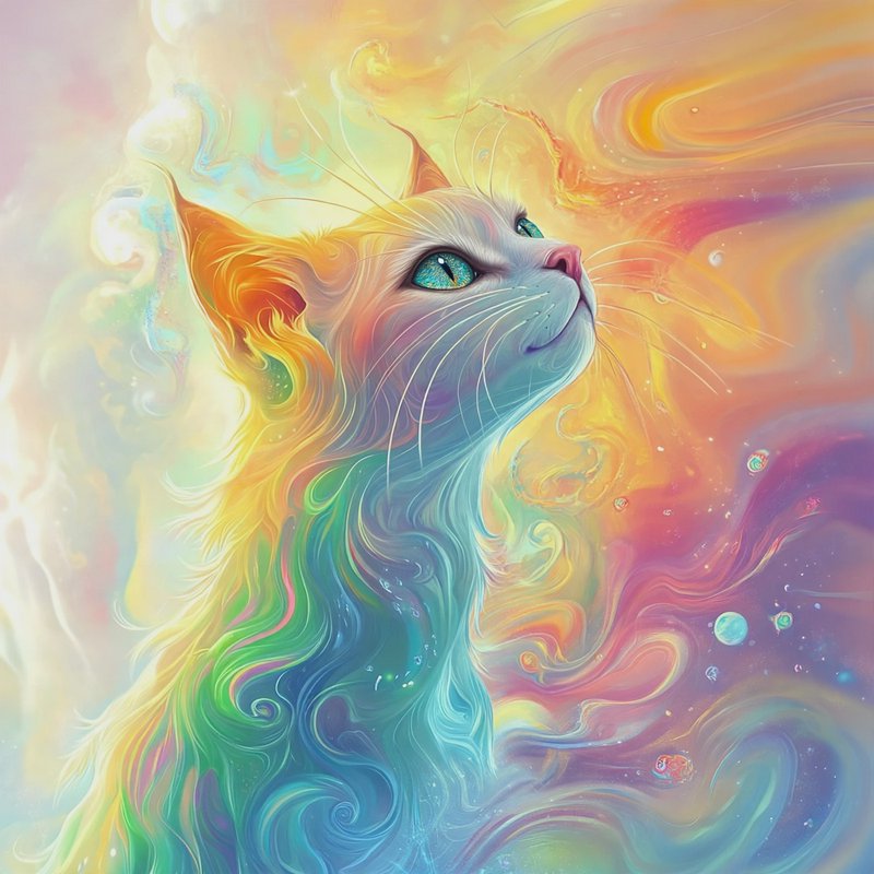 Surreal iridescent rainbow cat with bright teal eyes gazes upward against a swirly pastel cosmic ...