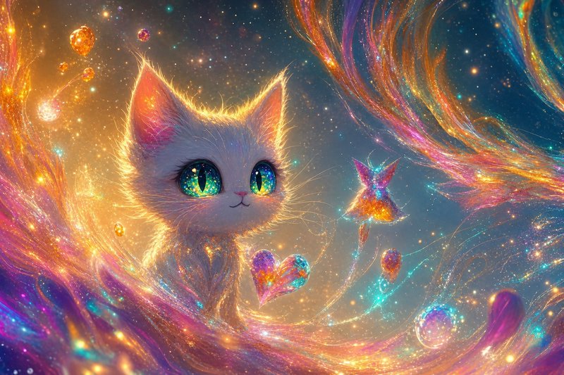 Fluffy cosmic fantasy kitten with glittering starry eyes, surrounded by glowing swirling nebula s...