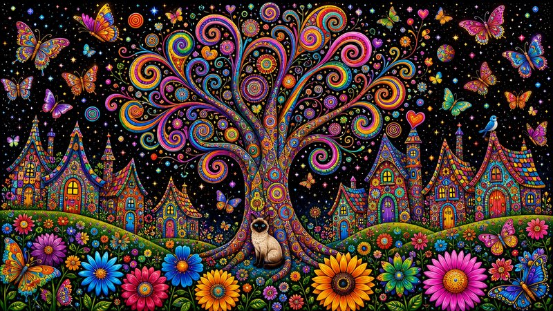 Whimsical folk art tree of life with swirling rainbow branches, fairy cottages, butterflies, and ...