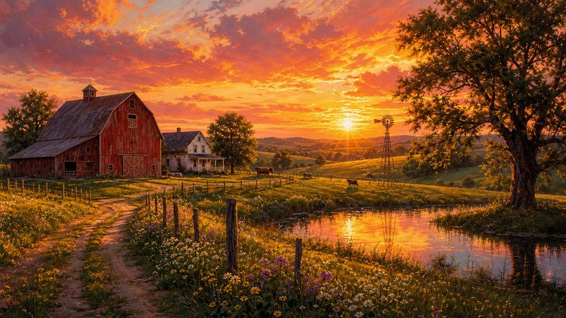 Sunset rural farm landscape with red barn, farmhouse, pond, windmill, grazing cattle and rolling green hills