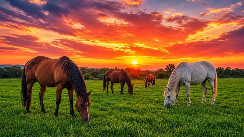 Four horses graze peacefully on a lush green pasture under a dramatic fiery red and orange sunset...