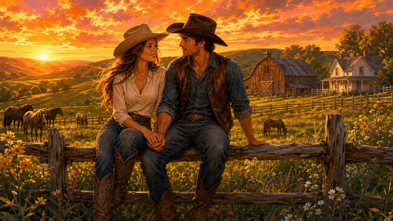 Romantic cowboy couple sit hand in hand on a wooden ranch fence overlooking a western farm at vib...