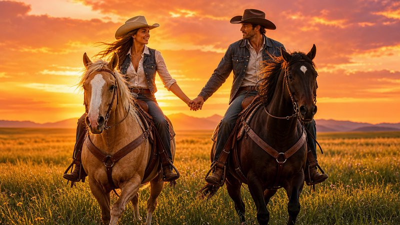 Cowboy couple holds hands while riding horses across a grassy prairie at a warm golden sunset.