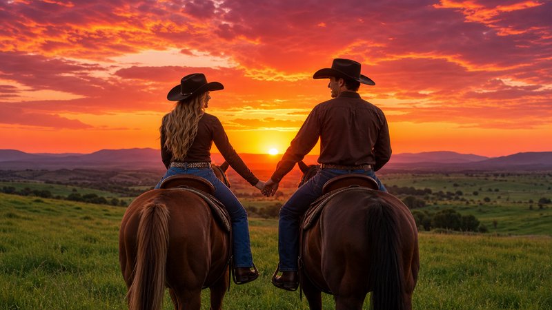 Cowboy and cowgirl couple hold hands while riding horses overlooking a fiery vibrant sunset over ...