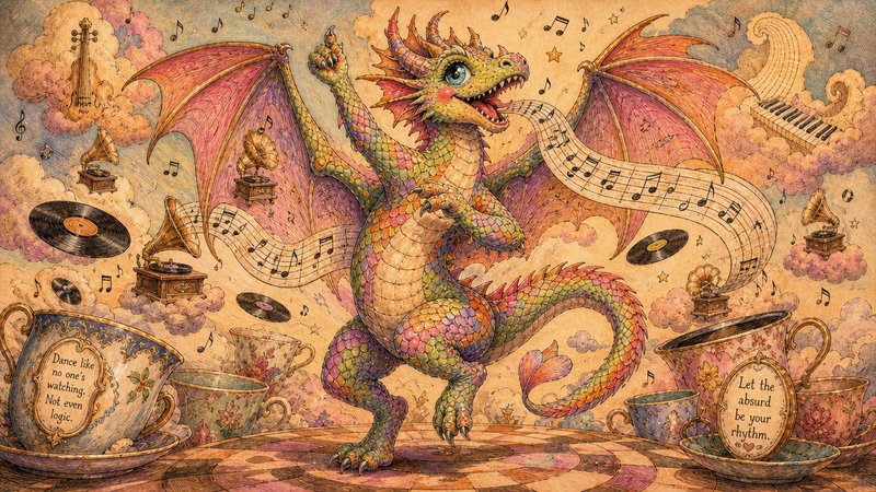 Whimsical illustrated multicolored dancing fantasy dragon surrounded by musical notes, vintage te...