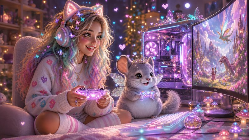 Pastel kawaii gamer girl with cat ear headphones plays fantasy games alongside her winged fairy c...