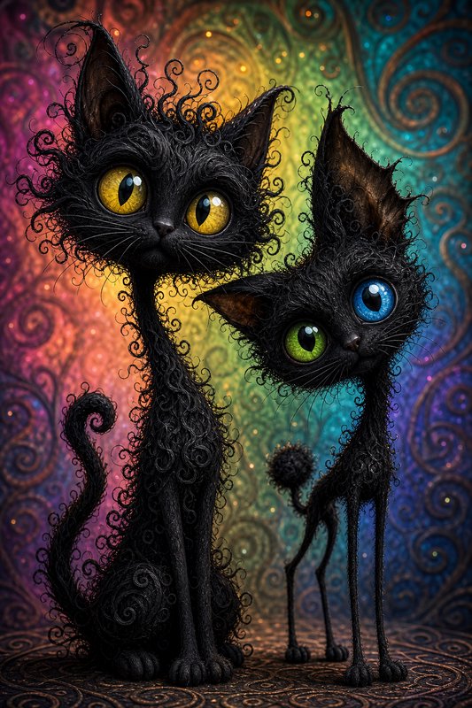 Two whimsical curly black fantasy cats with oversized colorful eyes against a swirling rainbow pa...