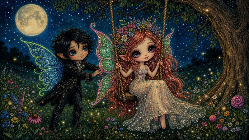 Chibi dark-haired fairy boy pushes flower-crowned red-haired fairy girl on a tree swing under a g...