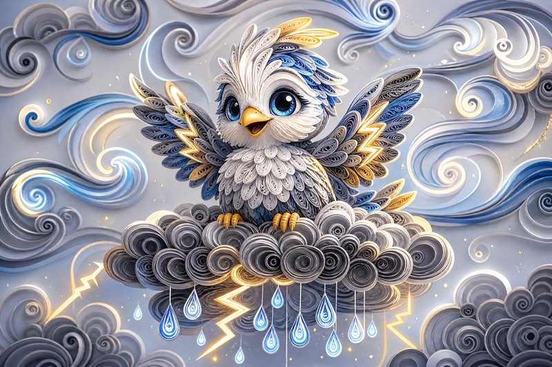 Intricate quilled paper art of a cute whimsical storm bird perched on a cloud with lightning, rai...