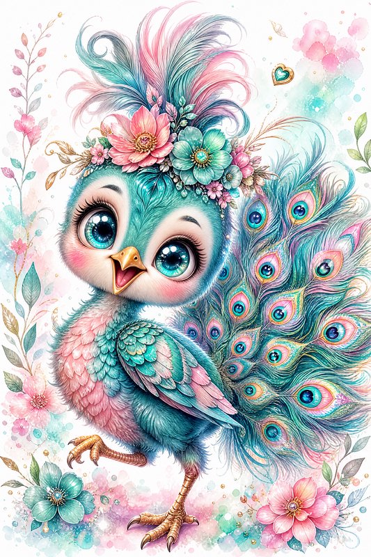 Chibi baby peacock with floral crown, pastel teal pink plumage, big sparkly eyes, whimsical water...