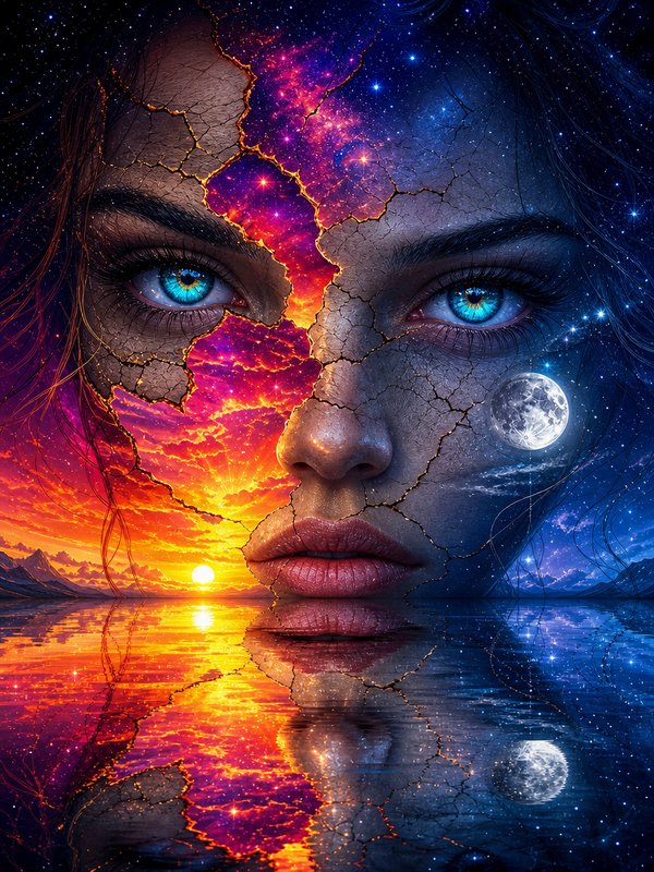 Surreal cracked split portrait of a woman, half fiery sunset half starry cosmic night, reflected ...