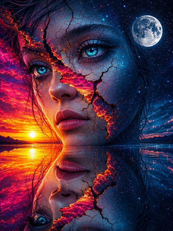 Surreal cracked female portrait split between sunset and starry night, reflected in calm water wi...